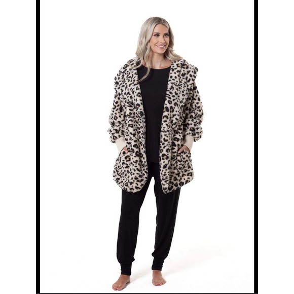 Poem & Thread Jackets & Blazers - Leopard Sherpa Hooded Cardigan Womens Cozy Lounge Wrap Jacket